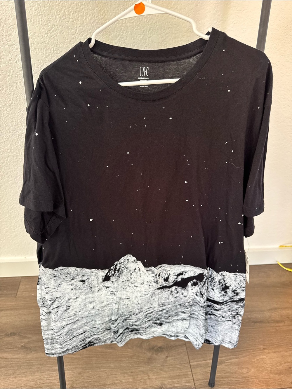 INC International Concepts Black Tee with White Lunar Hem Print